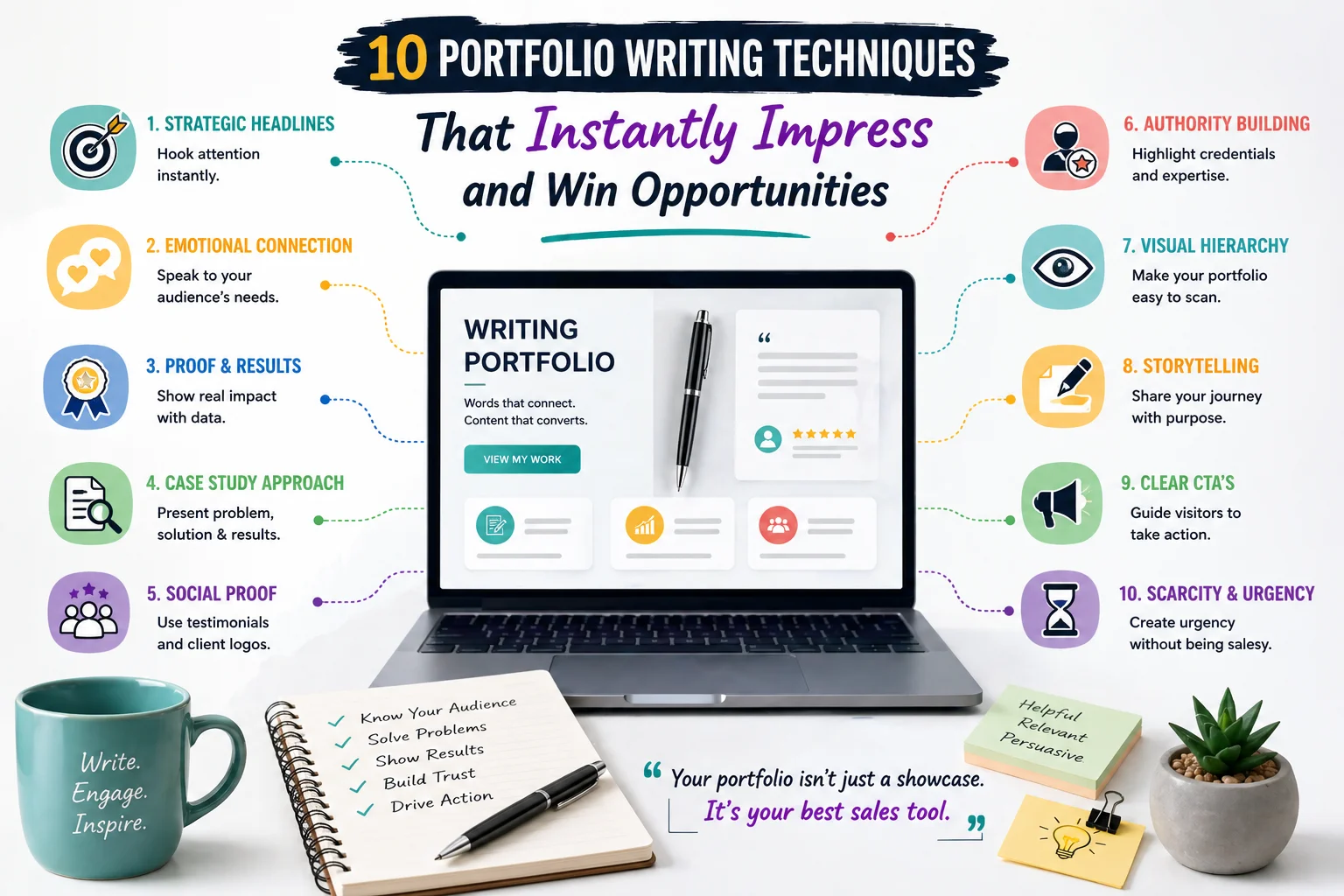 Infographic of portfolio writing techniques including headlines, storytelling, social proof, and case study approach for writers