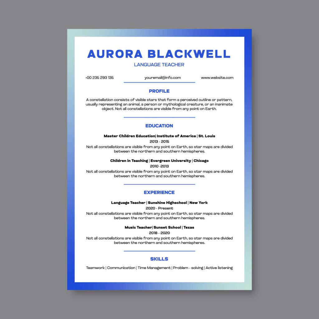 Clean and professional resume structure sample with clearly organized sections and formatting.