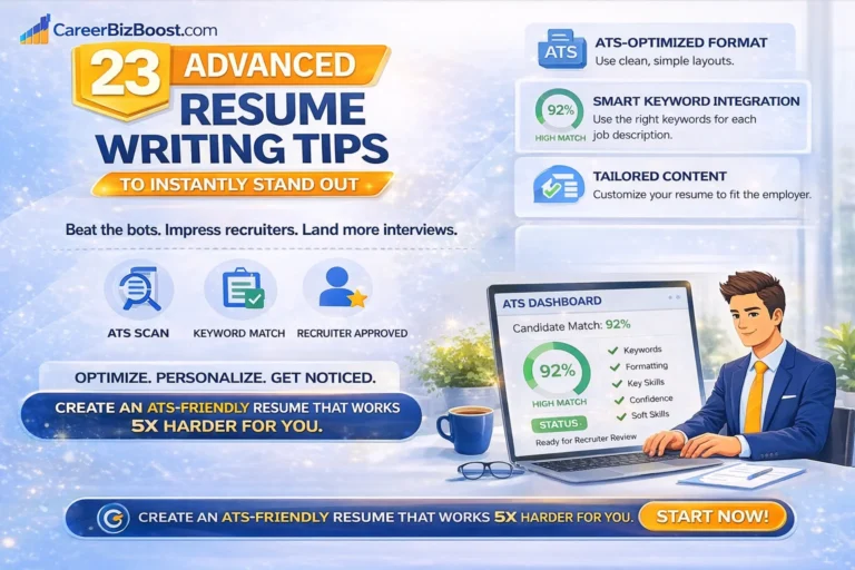 Professional infographic showing how to create an ATS-friendly resume with tips on formatting, keyword integration, tailored content, and improving visibility to increase interview calls.