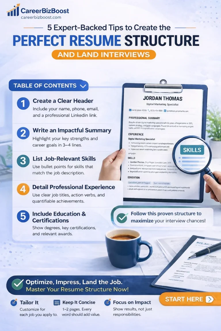 Infographic showing 5 expert-backed tips to create a perfect resume structure including header, summary, skills, experience, and education for ATS-friendly resumes