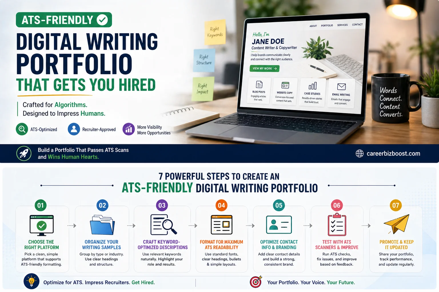 Infographic showing steps to build an ATS-friendly digital writing portfolio including platform choice, keywords, formatting, and testing