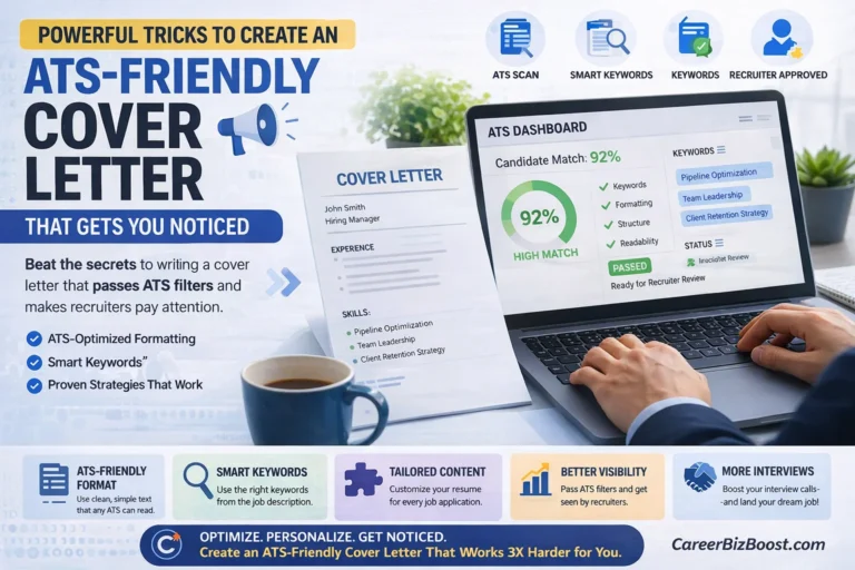 ATS friendly cover letter for job application with ATS scan dashboard showing keyword match and recruiter approval