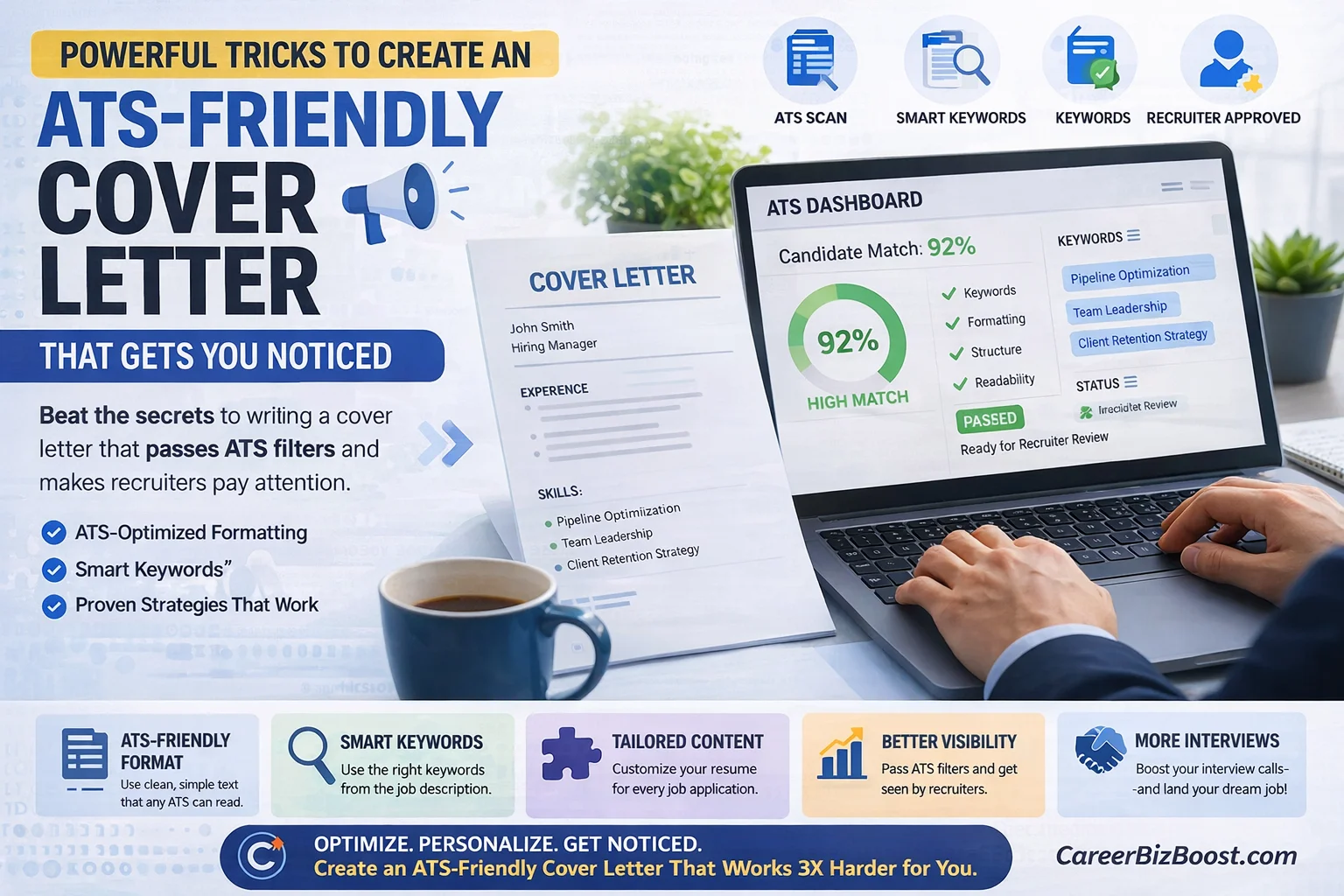 ATS friendly cover letter for job application with ATS scan dashboard showing keyword match and recruiter approval