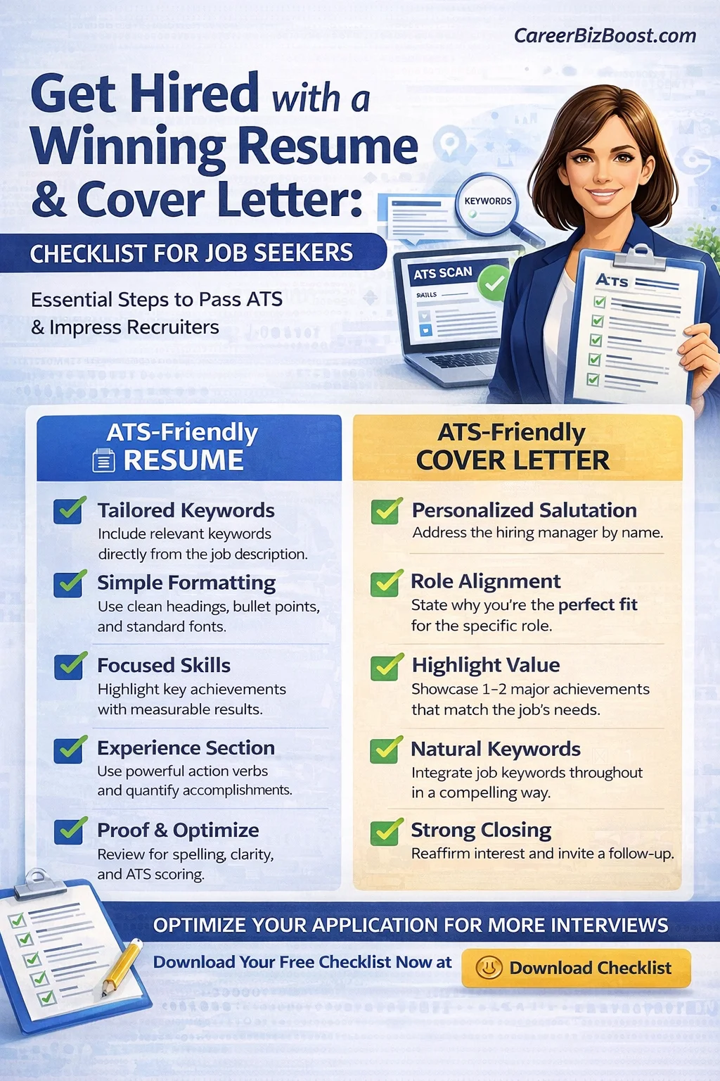 ATS friendly cover letter for job application checklist infographic showing formatting keywords personalization and closing tips