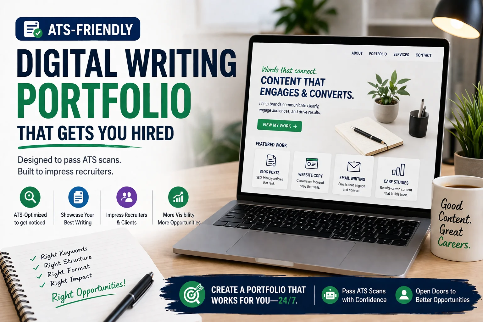 Professional creating an ATS-friendly digital writing portfolio on laptop with optimized layout and keyword-focused content