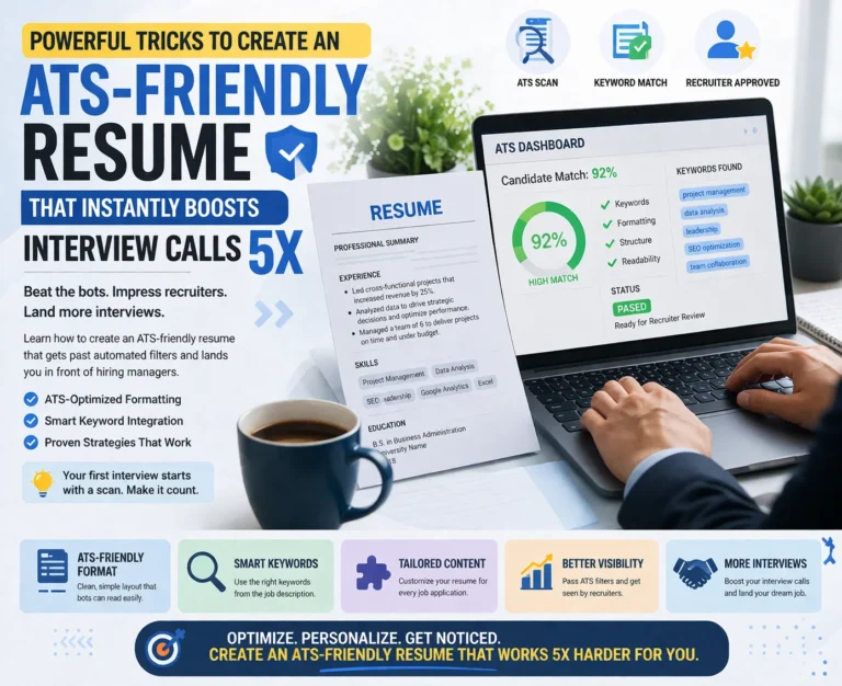 ATS-friendly resume infographic showing ATS dashboard, keyword match, resume optimization tips, and interview call improvement strategies