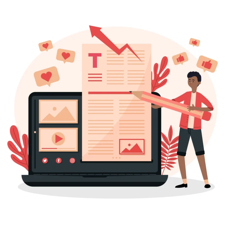 A man reviewing his professional writing portfolio on a laptop as social media notifications show likes and hearts