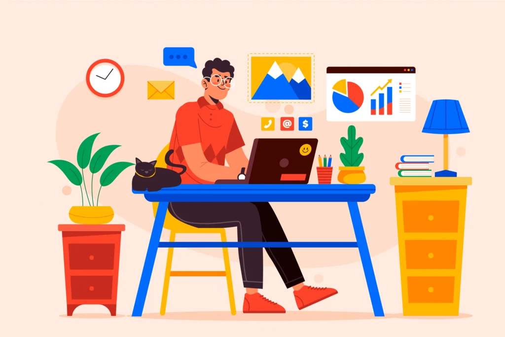 Confident professional reviewing job offers on laptop after using persuasive writing techniques for portfolios.