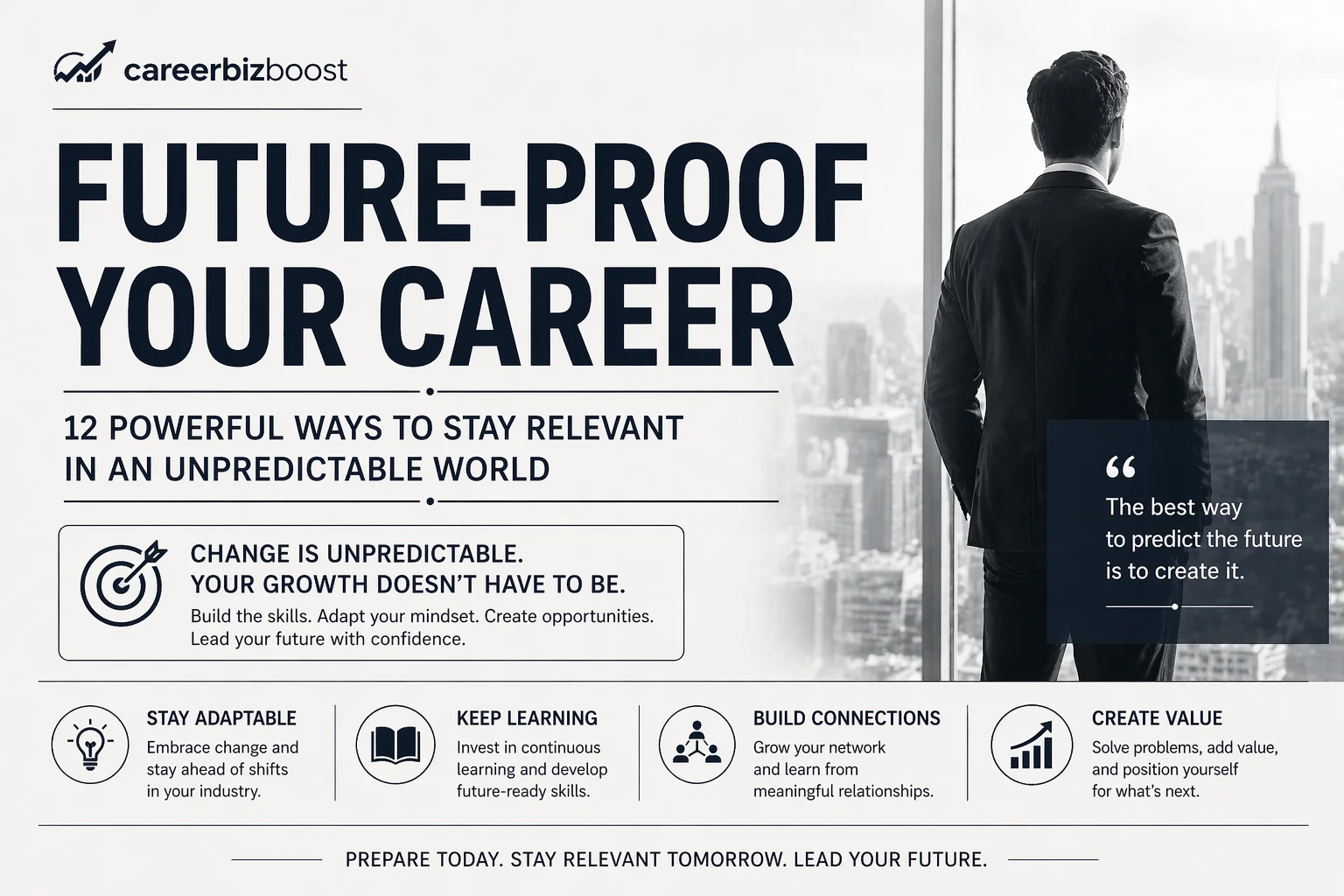 Future-proof your career concept showing a professional planning growth, learning new skills, and adapting to change in a modern work environment