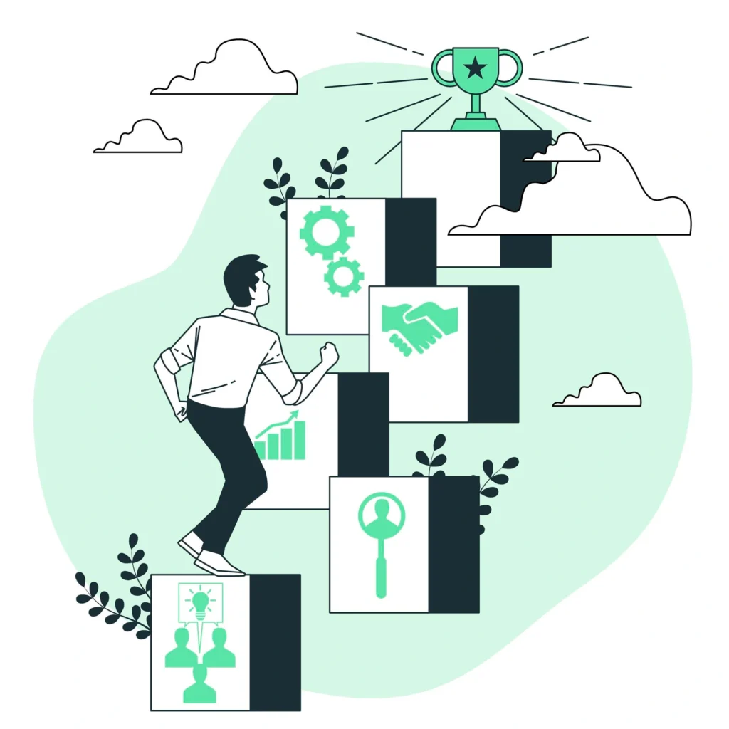 Professional climbing stairs representing milestones in a midlife career change journey