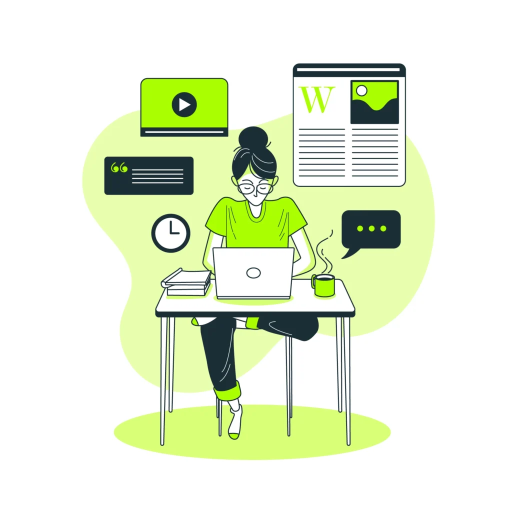 A woman thoughtfully crafting her professional writing portfolio at a desk with a laptop and notebook