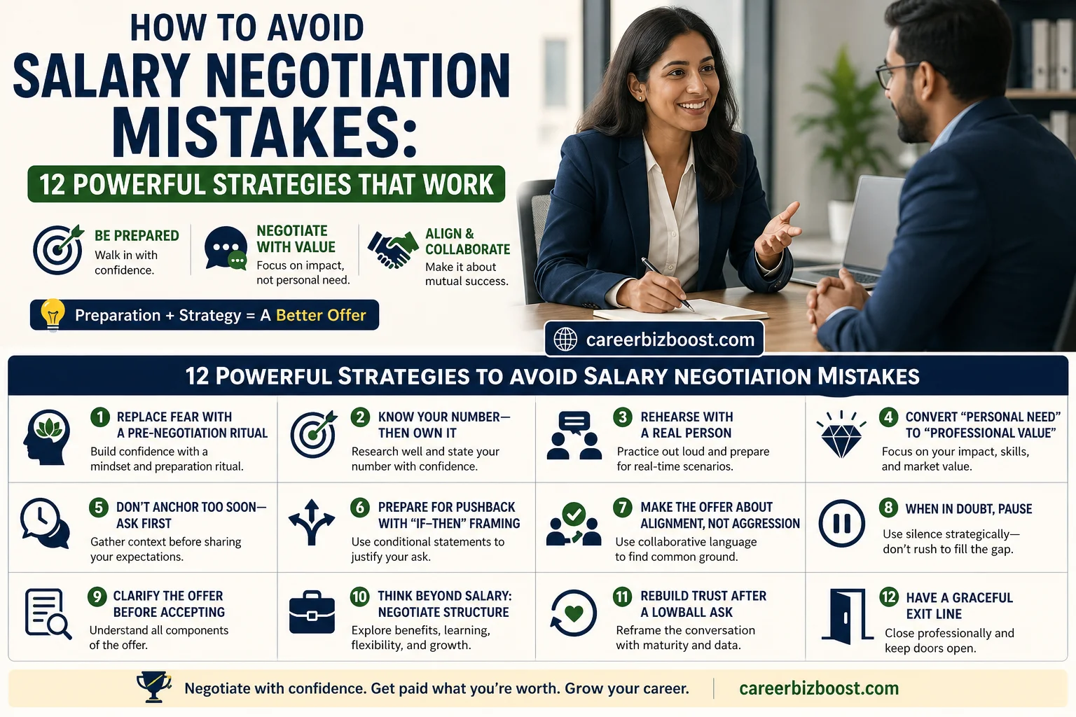 how to avoid salary negotiation mistakes showing professional confidently discussing job offer and using strategy to secure better compensation
