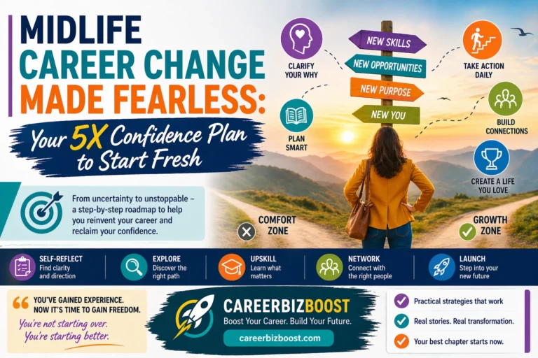 Midlife career change roadmap showing professional choosing new career path with confidence growth plan and skills development