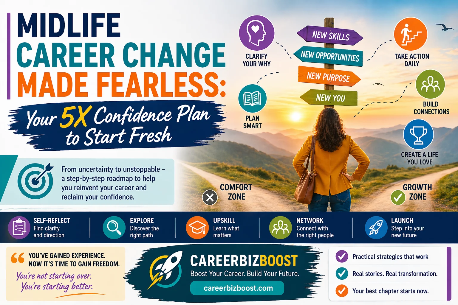 Midlife career change roadmap showing professional choosing new career path with confidence growth plan and skills development