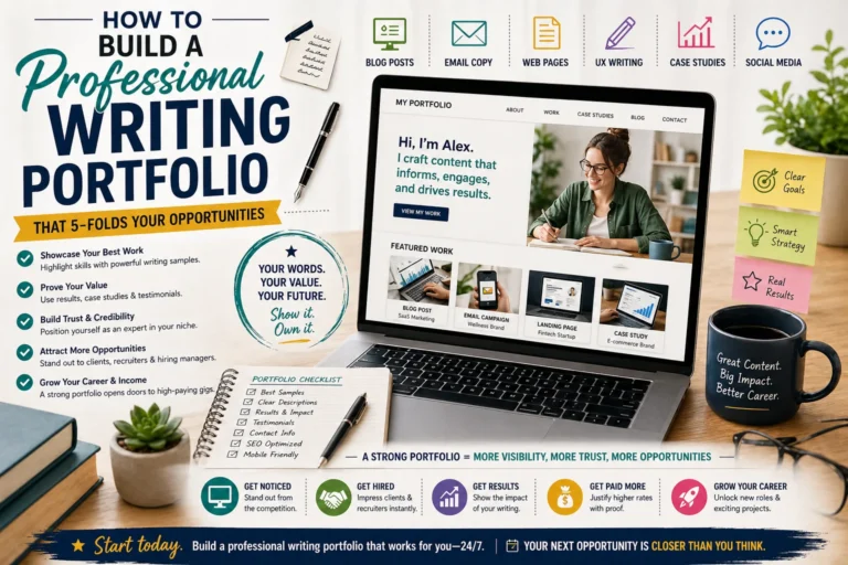 Professional writing portfolio example showing structured samples, case studies, and strategy to increase career opportunities