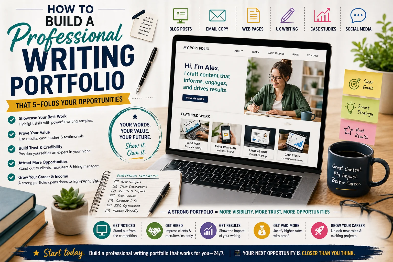 Professional writing portfolio example showing structured samples, case studies, and strategy to increase career opportunities