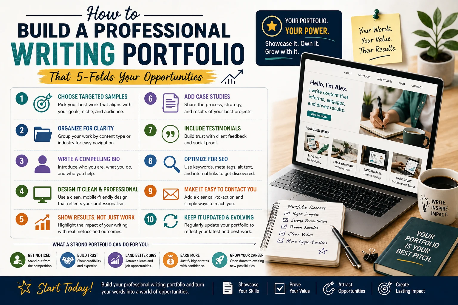 Infographic showing key steps to build a professional writing portfolio including samples, SEO, testimonials, and case studies