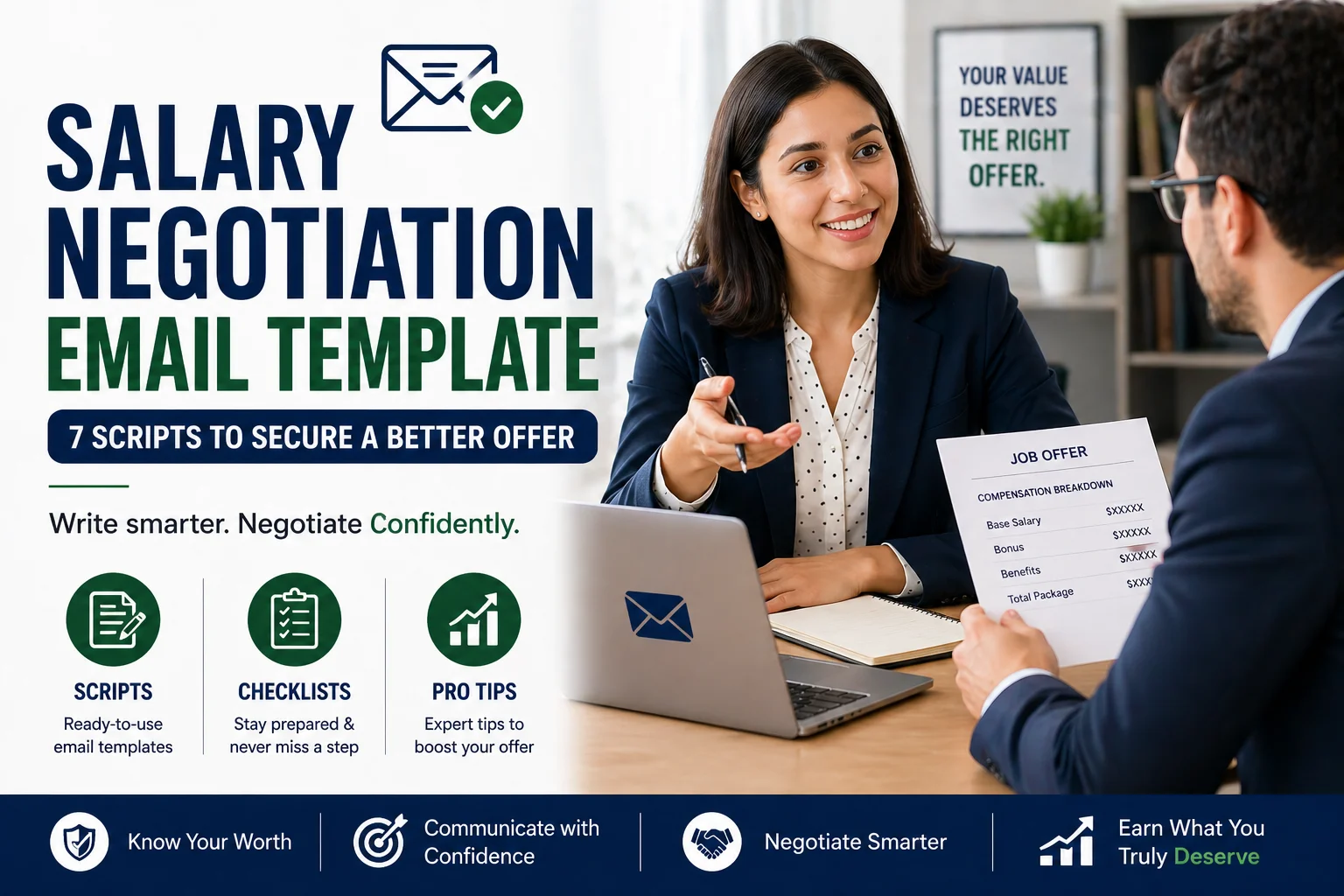 salary negotiation email template concept showing professional writing a confident email to negotiate job offer and improve compensation