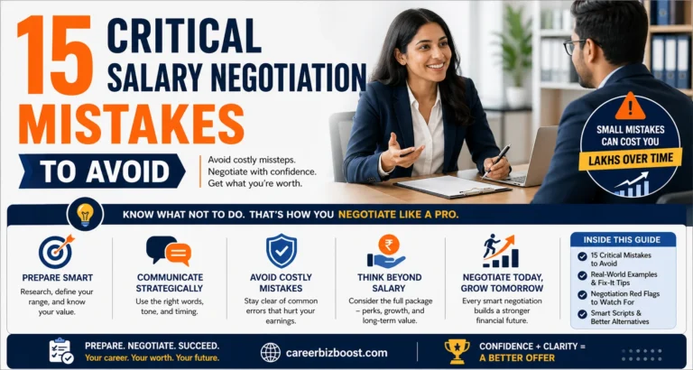 salary negotiation mistakes to avoid infographic showing professional discussion and key errors to avoid during salary negotiation