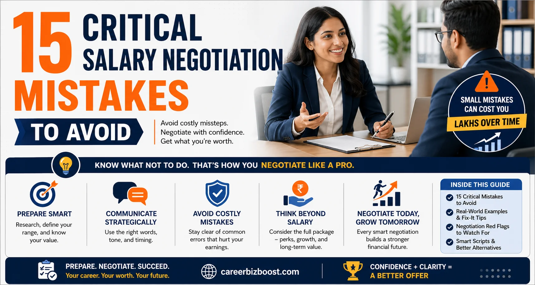 salary negotiation mistakes to avoid infographic showing professional discussion and key errors to avoid during salary negotiation