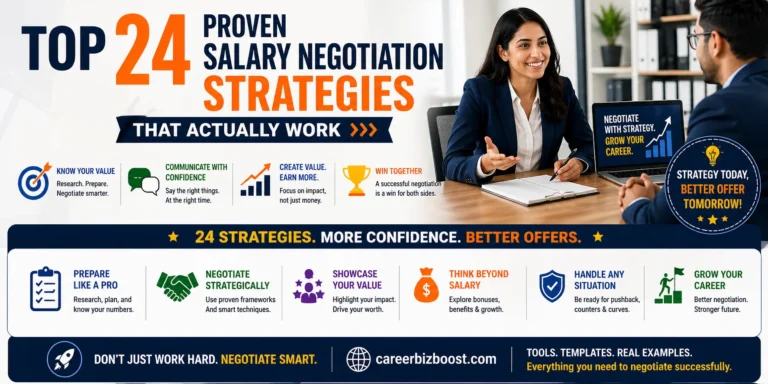 salary negotiation strategies banner showing professional negotiation scene and key strategies to earn better salary offers