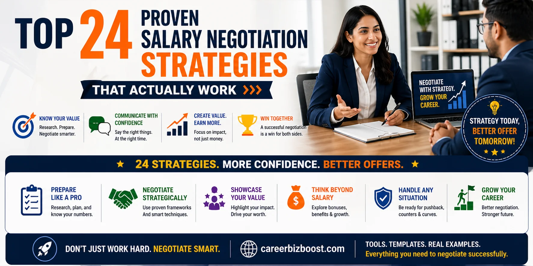 salary negotiation strategies banner showing professional negotiation scene and key strategies to earn better salary offers