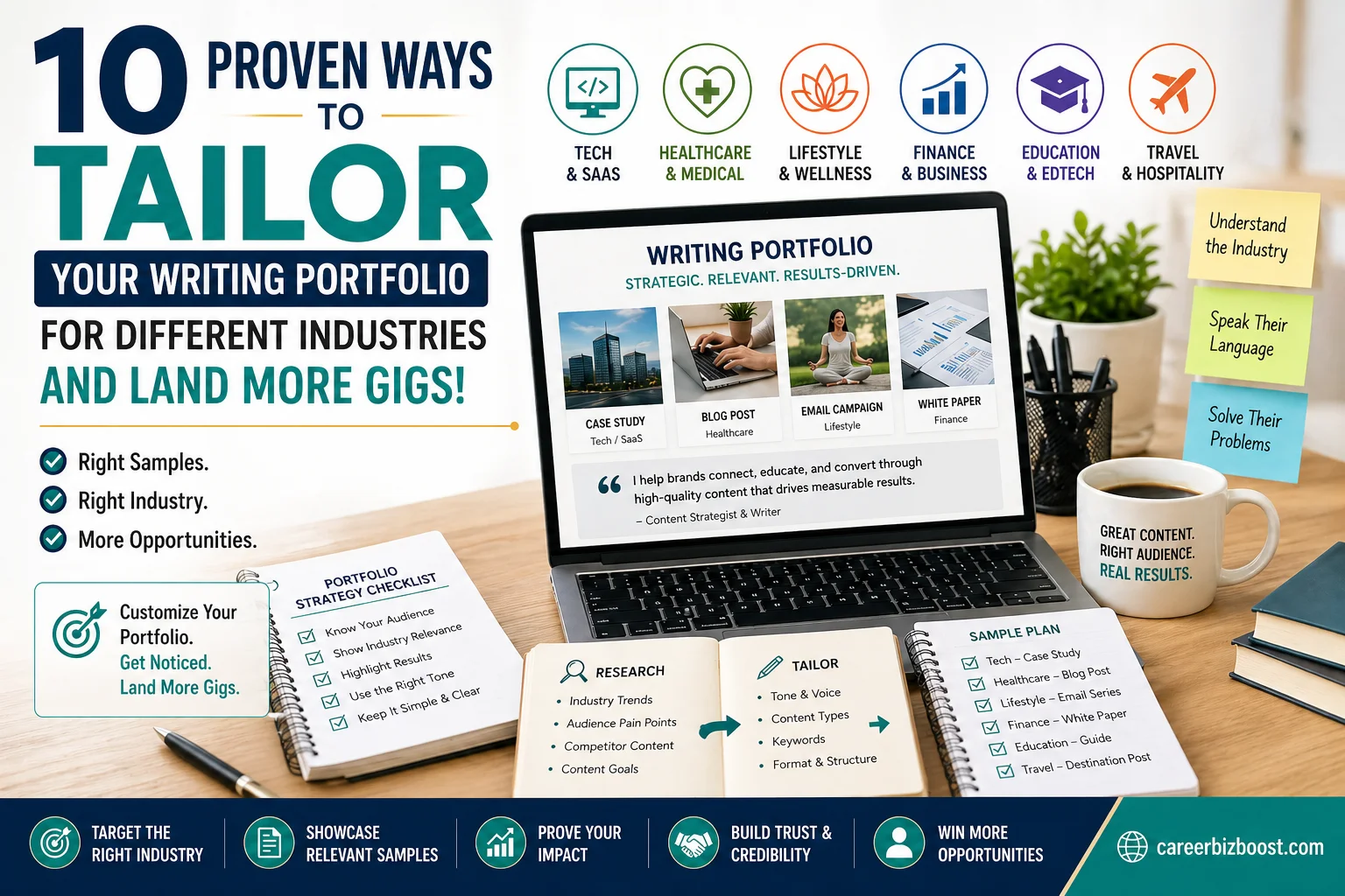Tailor your writing portfolio for different industries to land more gigs with targeted samples, structure, and strategy