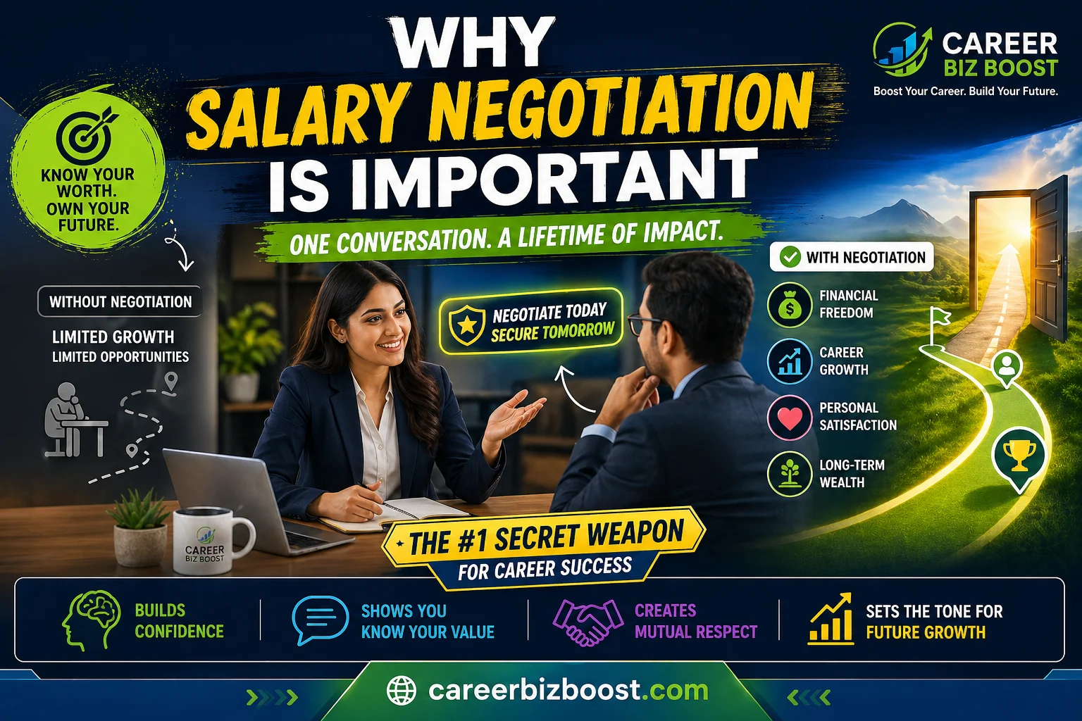 Why salary negotiation is important illustration showing career growth steps, better compensation, and long-term success