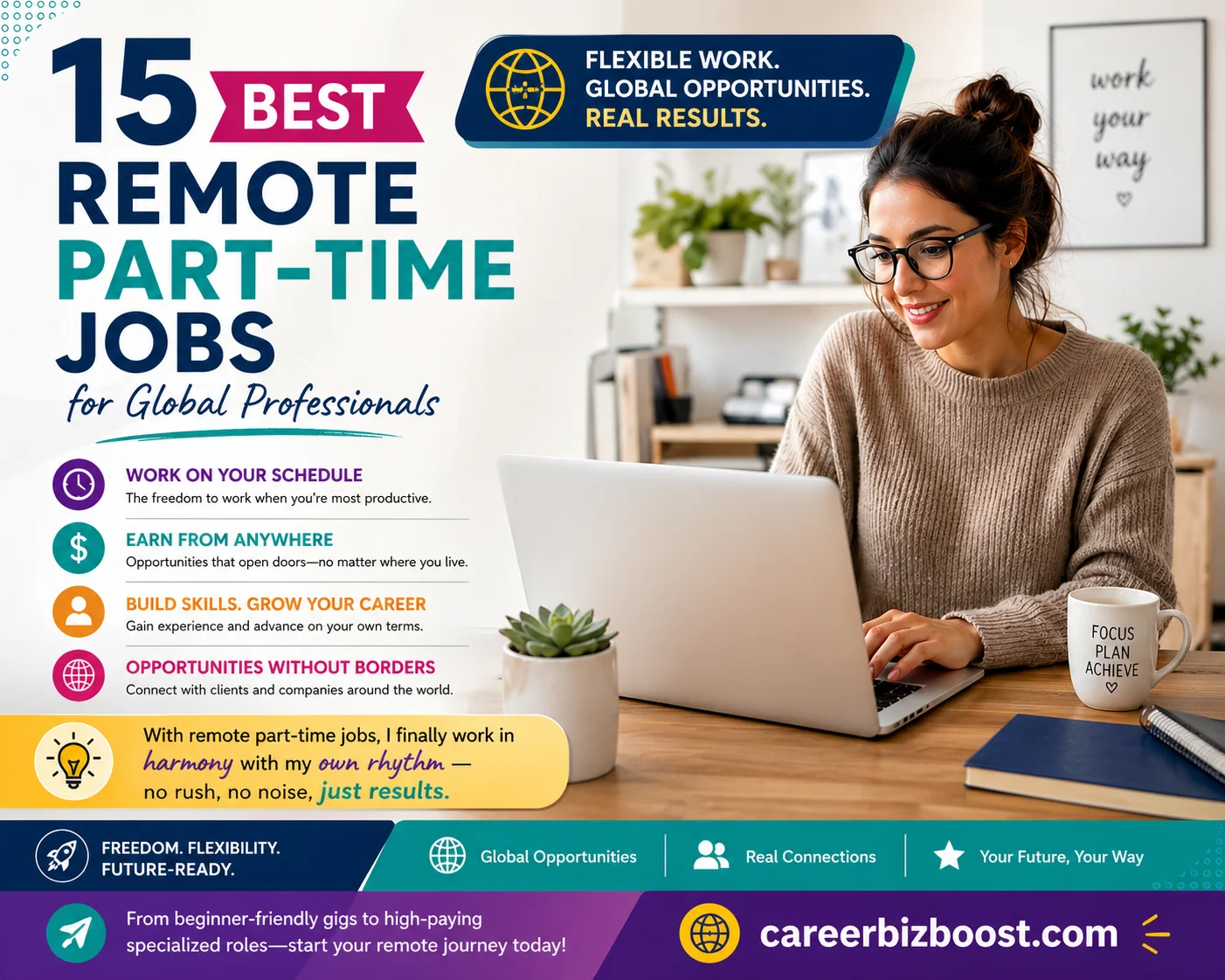 Remote part-time jobs concept showing flexible work from home and global earning opportunities on a laptop