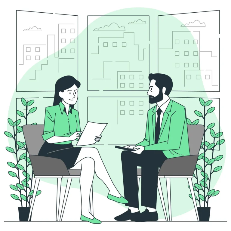 A male candidate nervously giving long-winded, confusing answers during a job interview with a female hiring manager. This is one of the job interview mistakes to avoid.
