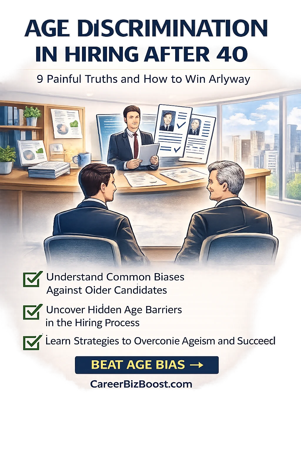 Illustration of age discrimination in hiring showing professionals over 40 facing bias in interviews and recruitment