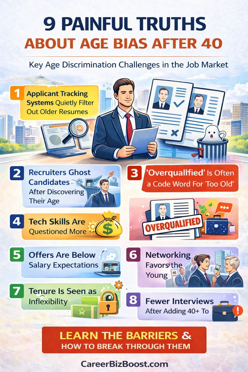 Infographic explaining age discrimination in hiring with 9 common challenges faced by professionals over 40