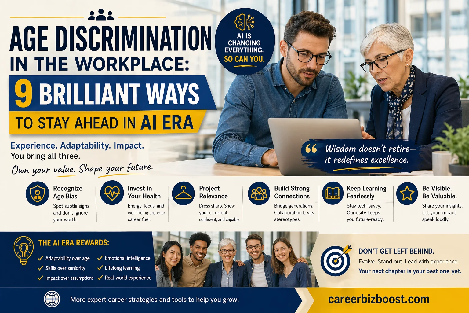 Age discrimination in workplace concept showing experienced professionals collaborating with younger colleagues and staying relevant in the AI era