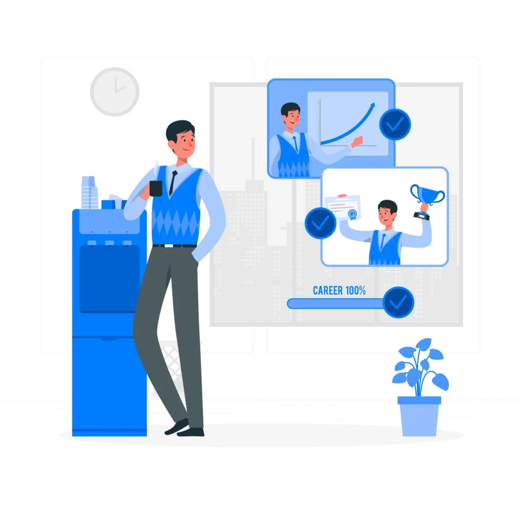 Man smiling near a coffee machine with career success icons in the background — representing the outcome of the career clarity quiz.