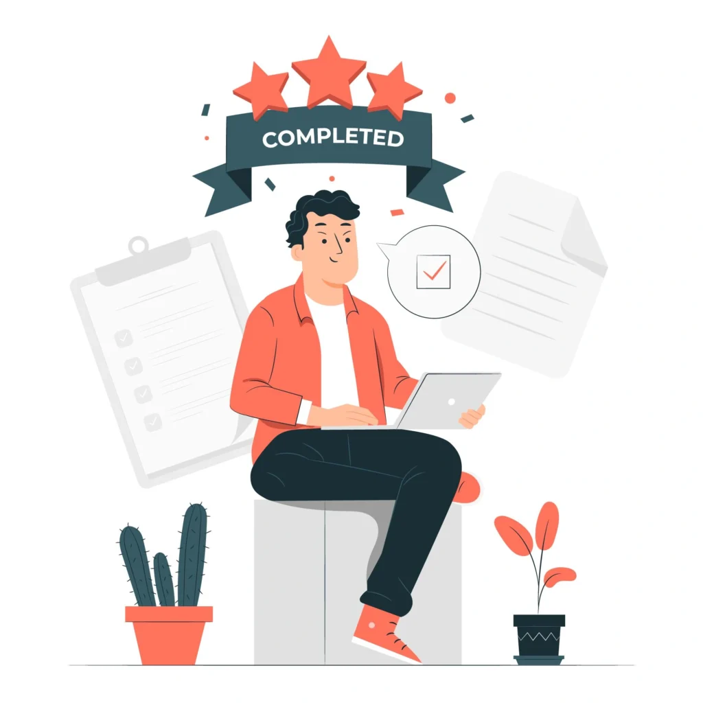 Illustration of professionals progressing in their careers using a checklist, symbolizing the career confidence test