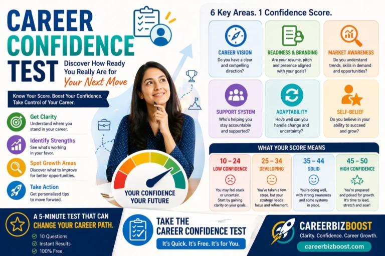 Career confidence test infographic showing professional evaluating readiness score self assessment career growth and confidence levels