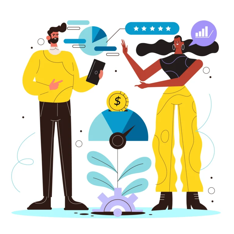Male and female professionals compare job offers using laptops and printed documents