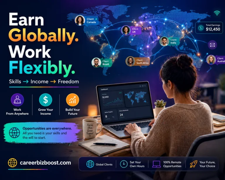 Professional working on a laptop with a global network map showing international clients and income opportunities, representing remote part-time jobs and flexible work from anywhere.