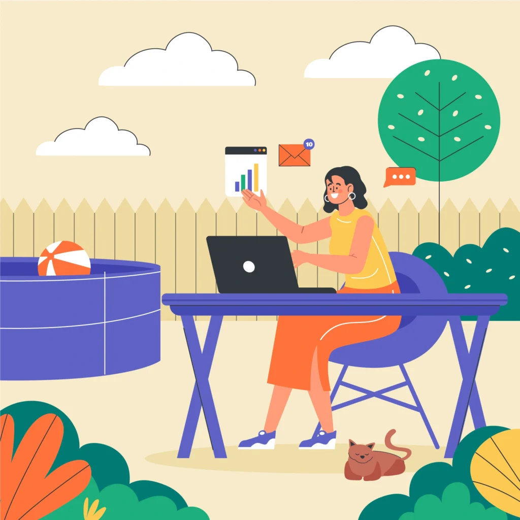 Woman enjoying backyard views while enthusiastically working on a laptop — perfect example of remote part-time jobs.