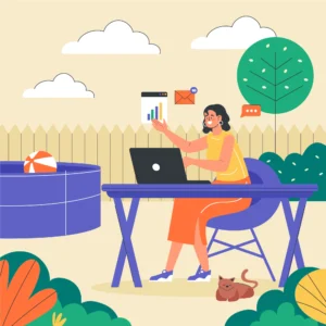 Woman enjoying backyard views while enthusiastically working on a laptop — perfect example of remote part-time jobs.