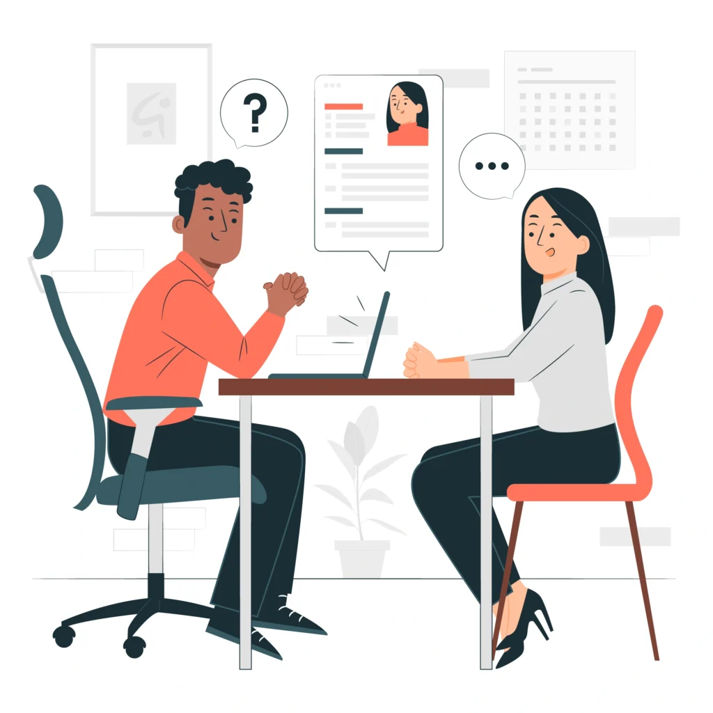 Illustration of a job interview showing a candidate and recruiter at a desk with question icons, symbolizing interview confusion or red flags
