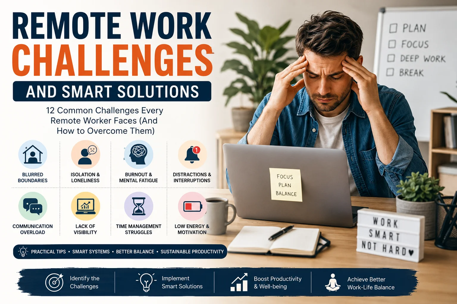 Professional dealing with remote work challenges like burnout distraction and communication overload while working from home