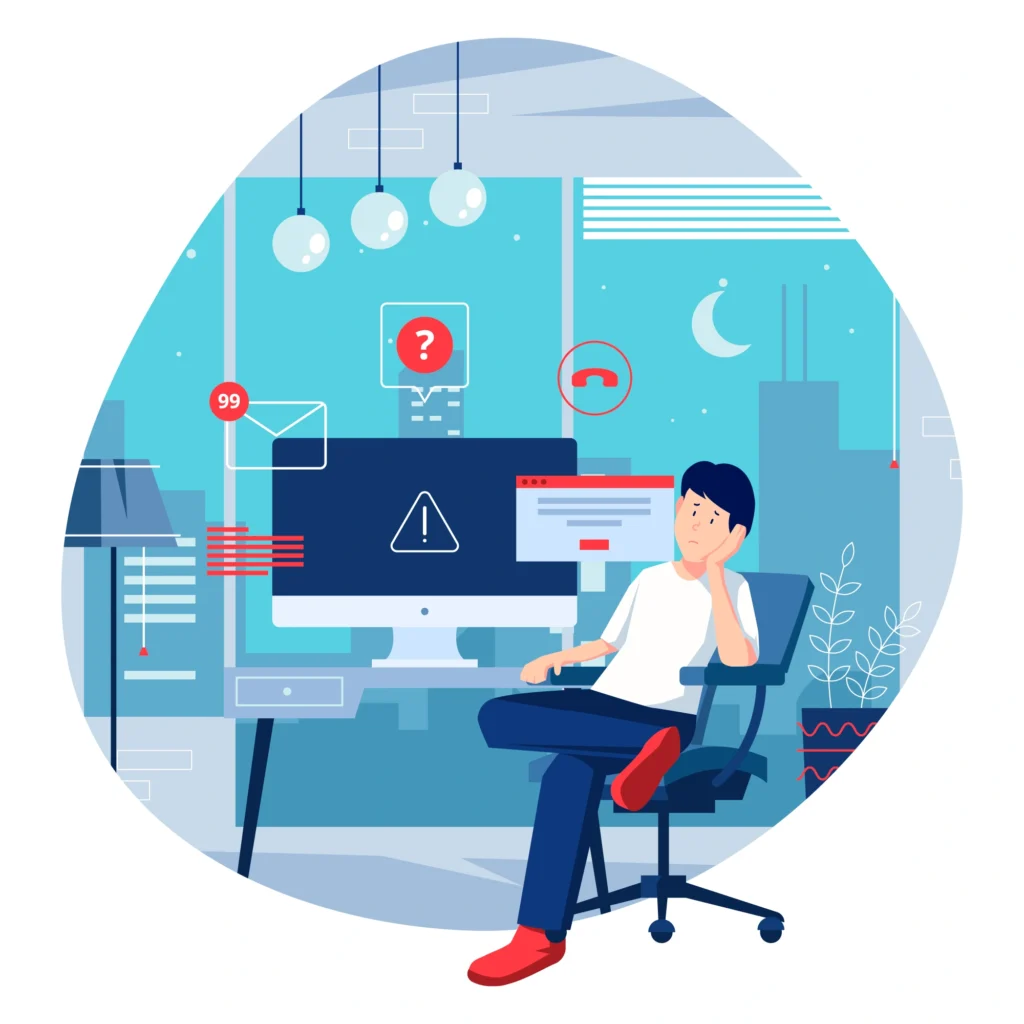 Confused remote worker facing digital distractions at their desk — illustrating common remote work challenges.