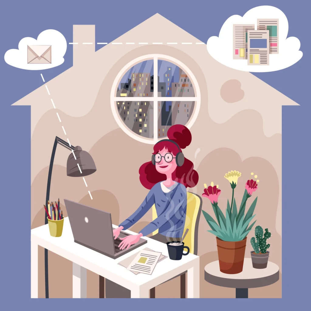 Woman working remotely from home with laptop, headphones, and a cozy desk setup — representing remote work readiness. Remote Work Readiness Assessment – Working from Home Illustration