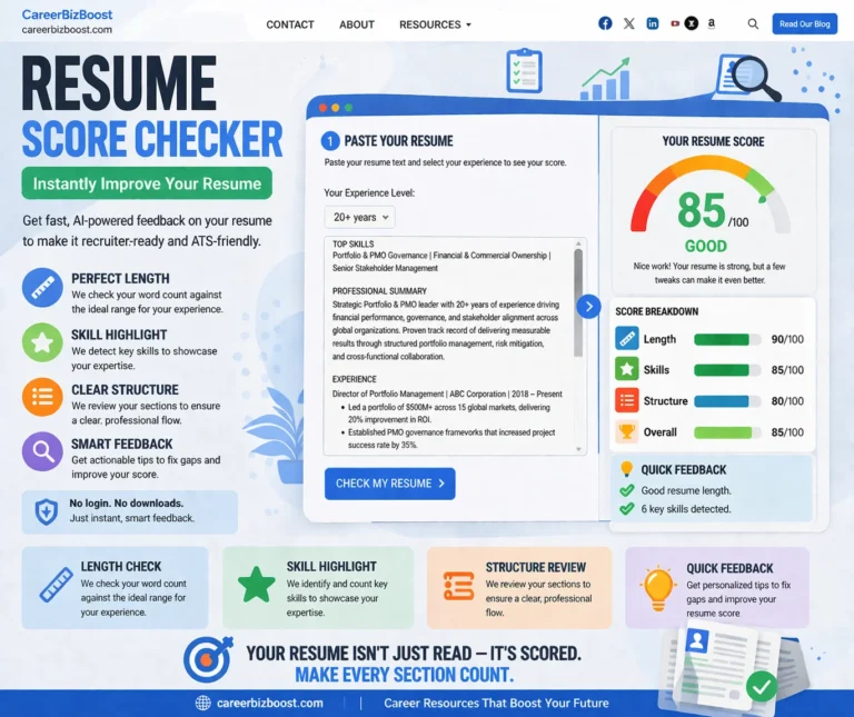Illustration representing a resume score checker tool with layout blocks, charts, and performance indicators.