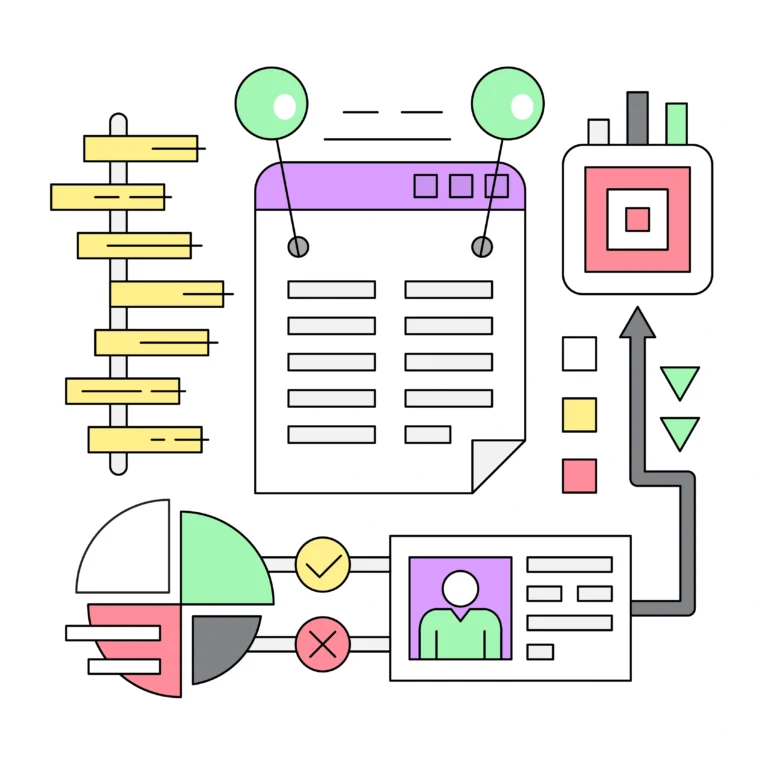 Illustration representing a resume score checker tool with layout blocks, charts, and performance indicators.