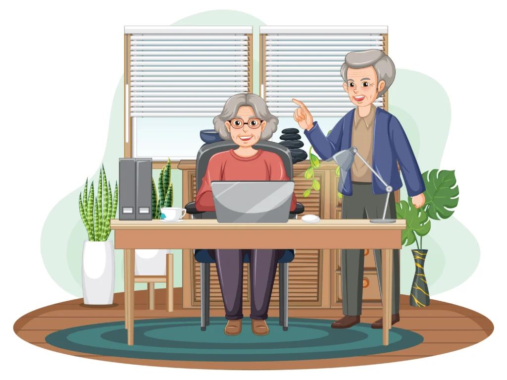Two senior employees collaborating in a modern office setting, actively challenging age discrimination in the workplace.