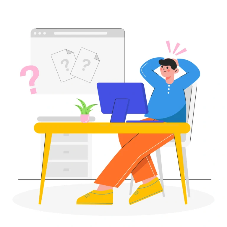 Man sitting at his desk, looking confused with hand on head — reflecting doubt captured by the “should I quit my job quiz”.