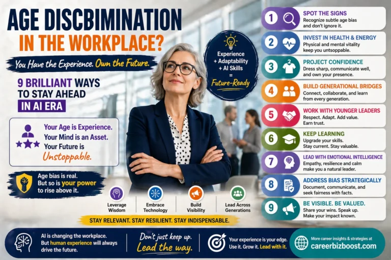 Confident senior professional in modern office overcoming age discrimination in workplace with strategies like upskilling, visibility, and adaptability in AI era