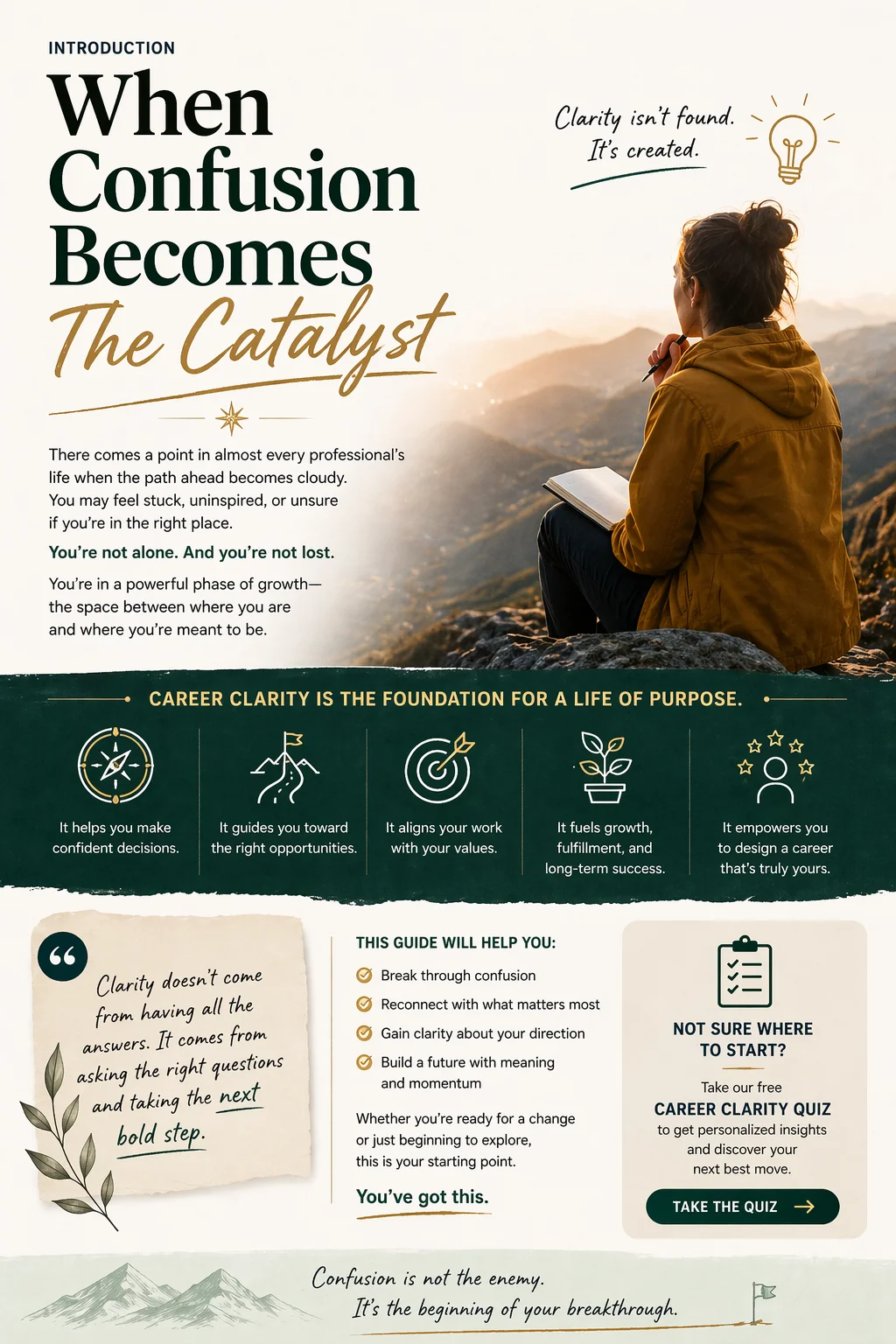 Career clarity concept showing a professional reflecting on career direction, overcoming confusion, and building a purposeful future